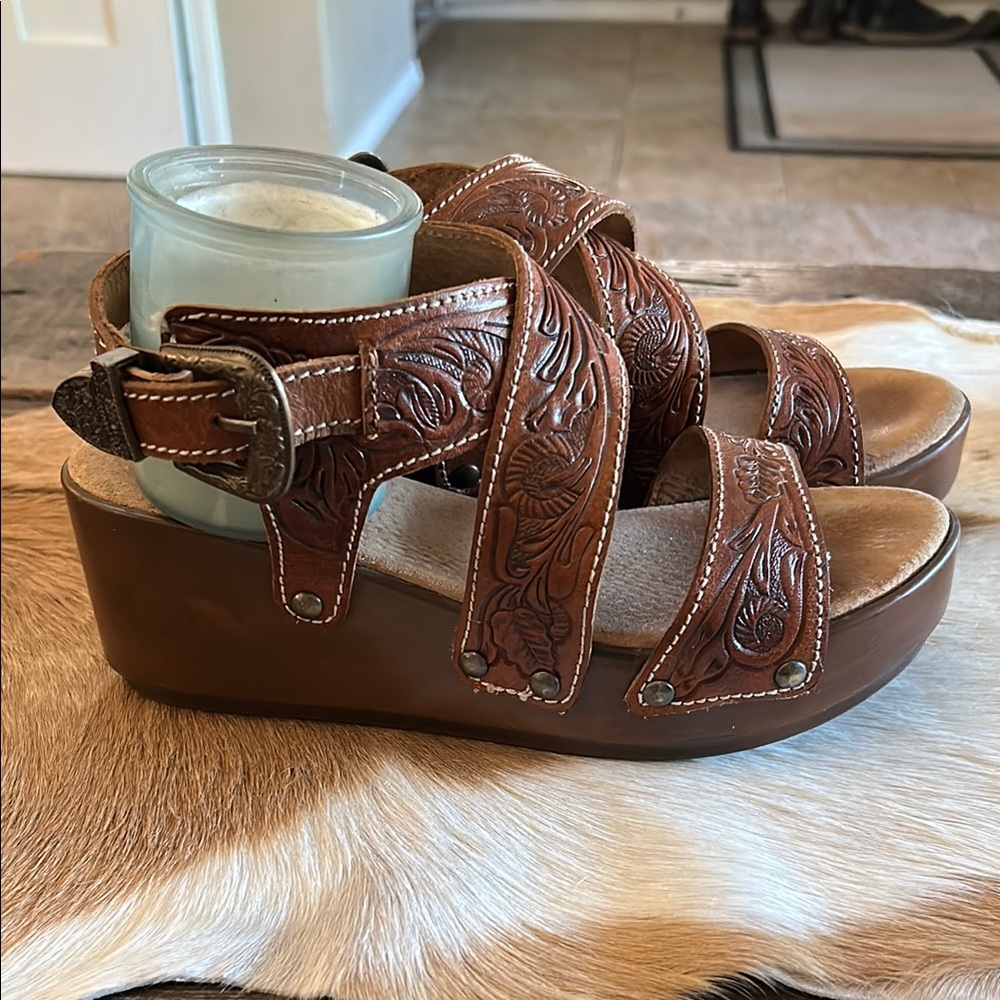 Roper Brown Leather Wedge Sandals with Adjustable Straps